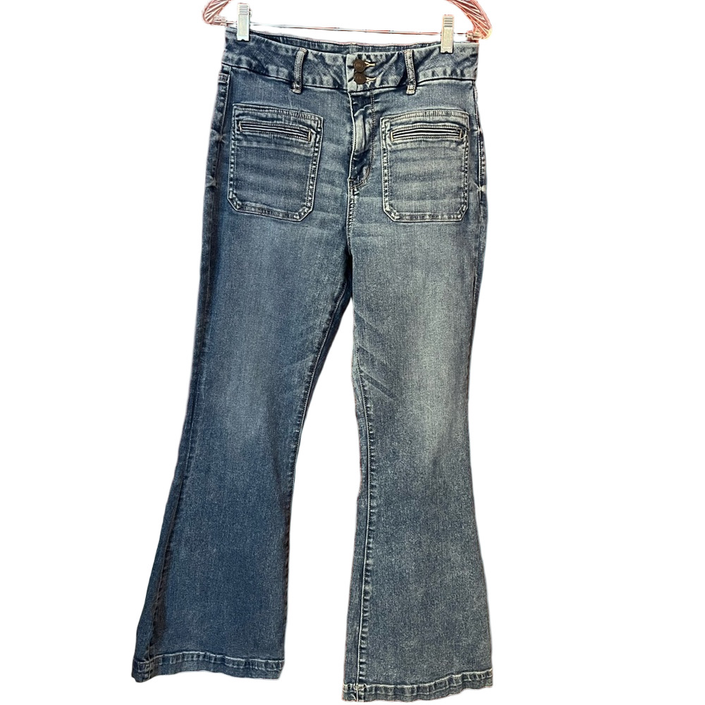 American Eagle Jeans Curvy Super Hi Rise Flare Next Level Blue Denim Boho 8